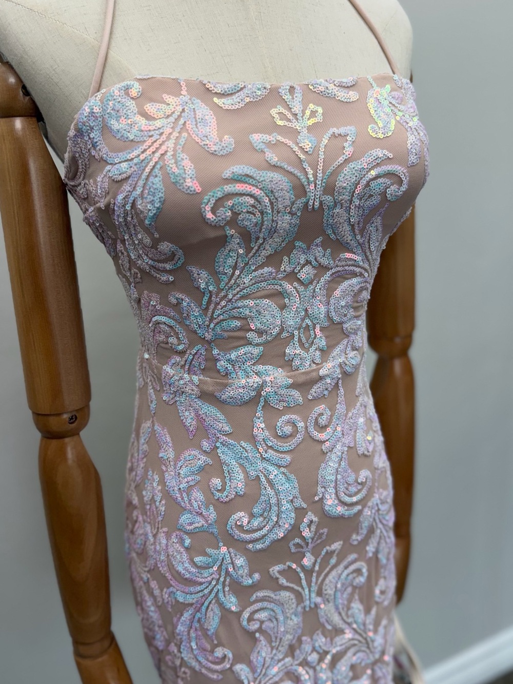 Windsor Pink Sequin Halter Mini Dress Lace Up Back Bodycon Cocktail Party - Picture 2 of 14
